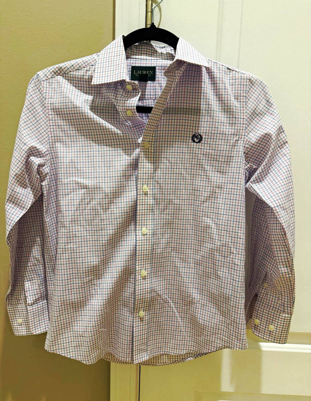 Lauren Ralph Lauren Boys Check Dress Shirt White/Blue/Pink Long Sleeve Size 12